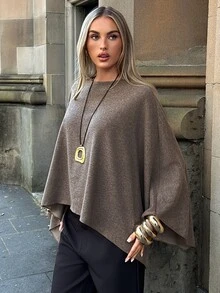 Aloruh Women's Casual Vacation Round Neck Cape Sleeve Asymmetrical Hem Jacket - Camel - View 3