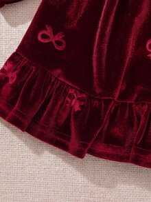 Baby Girl Bowknot Jacquard Velvet Peter Pan Collar Waist Cinched Pleated Ruffle Thick Dress Suitable For Winter And Christmas - Burgundy - View 8