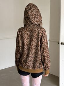 K-Vae Women's Vintage Brown Leopard Print Hooded Sweatshirt, Loose Waffle Knit Casual Lazy Jacket Top - Multicolor - View 2