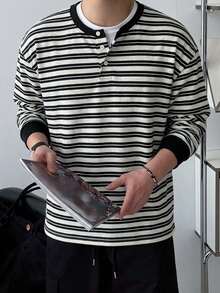 DAZY 春秋款棕色與藍色條紋布料圓領半開襟羅紋袖口男士T恤 - 灰色 - 查看 6