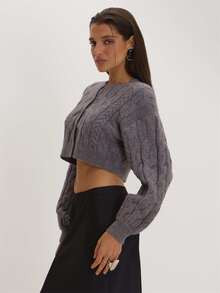 MUSEYN Cardigan Rajut Kabel Abu-abu Serbaguna Kasual Sehari-hari Musim Gugur - Grey - View 3
