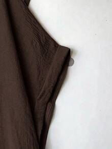 Linhara Plus Size V-Neck Short Sleeve Casual Shirt With Wooden Buttons, Suitable For Outings And Commuting Casual Style. - Brown - View 3