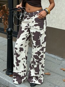 Rivivi Petite Women's High Waist Cow Print Wide Leg Jeans - Multicolor - View 4