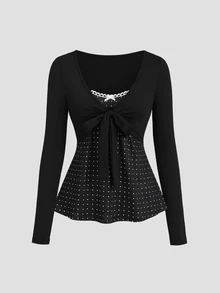 Sweetra Women's New Fashion Versatile Solid Color Patchwork Polka Dot 2 In 1 Long Sleeve Top With Front Tie Bow A-Line Neckline Contrast White Lace Bow Decor Long Sleeve T-Shirt - Black - View 3