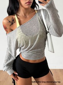 Coolane Women's Solid Color Asymmetric Shoulder Long Sleeve Casual Fashion T-Shirt - Grey - View 1