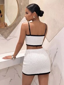 Slaydiva Black White Contrast Tweed Heart Shape Rhinestone Strap Crop Top & Mini Skirt 2 Pieces Set Elegant Luxury Going Out Matching Outfit For Women -A - Black and White - View 4
