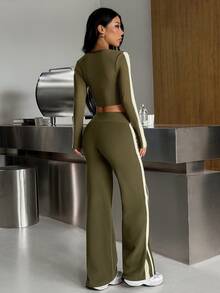 Muchica Women's Olive Green High Neck Long Sleeve Crop Top & Side Stripe Leggings Sports Set Gym Set Workout Set Sportswear Activewear Push Up Booty Lift Fall - Olive Green - View 3