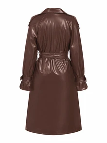 SHEIN Clasi 女款純色PU皮革抓絨內裡時尚百搭日常休閒風衣 - 咖啡棕 - 查看 4