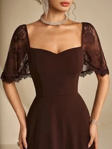 Coutiva Women's Lace Patchwork Elegant Waist-Cinching Formal Prom Graduation Evening Gown Dress Brown Fall - Coffee Brown - View 13