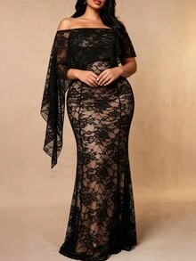Cravure Plus Size Cold Shoulder Ruffle Floral Lace Mermaid Long Dress, Transparent Cape Sleeve Slim Fit Elegant Evening Party Gown - Black - View 3