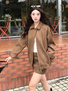 DAZY Women's Solid Color Lapel Casual Jacket And Skirt 2 Pieces Set, Korean Style Spring/Summer - Coffee Brown - View 5