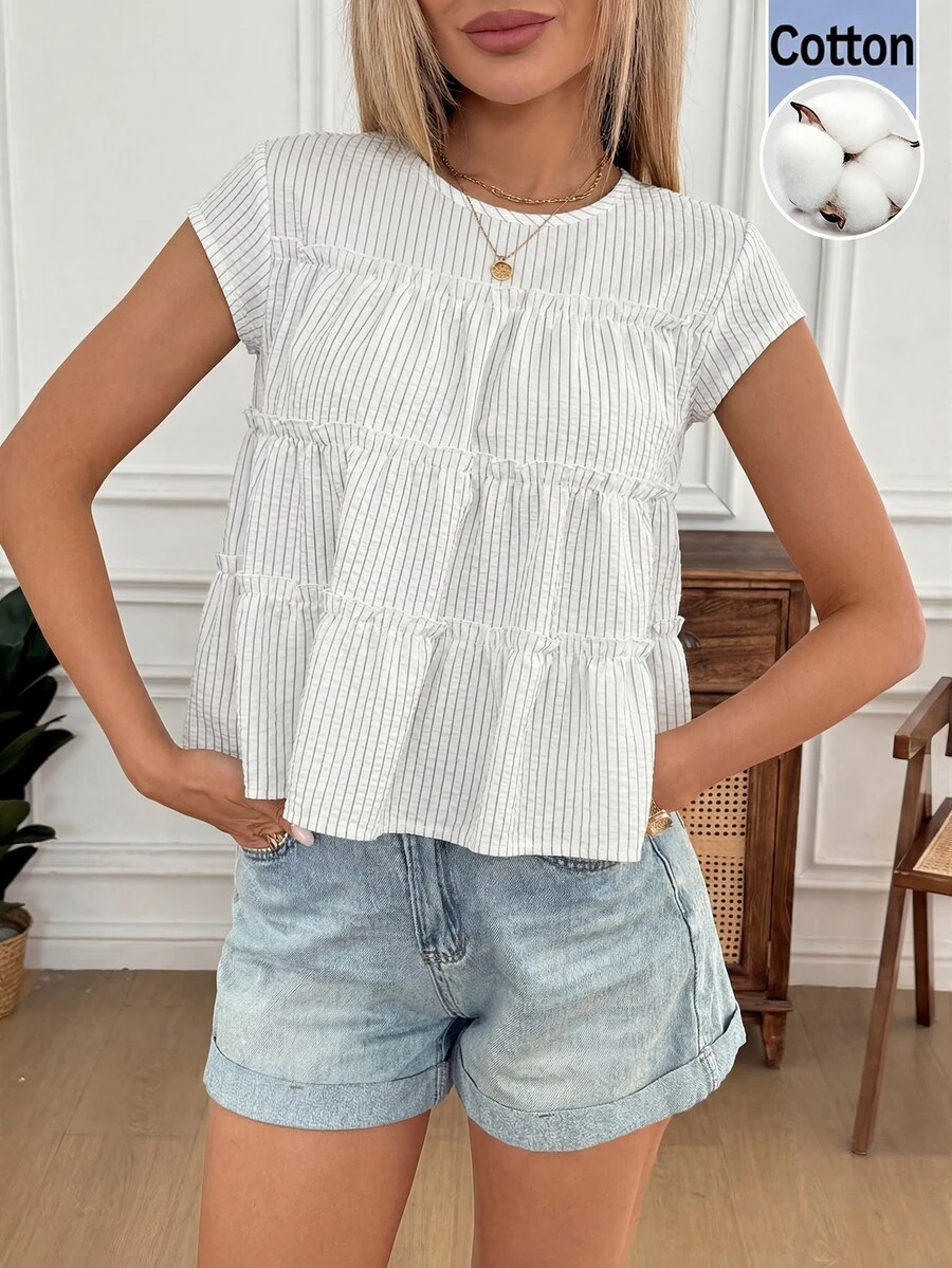 Easowa Casual Elegant Pullover Blouse With Multi-Layer Ruffle Hem, Babydoll Shirt - Multicolor - View 1
