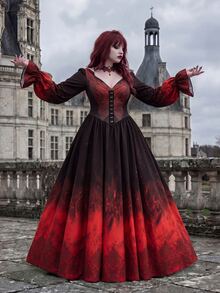 Whyspr Plus Size Long Sleeve Vintage Gothic Hooded Halloween Dress - Multicolor - View 2