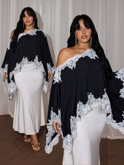 Rustia Blouse élégante de style mode en tissu mélange de coton avec dentelle contrastée pour femmes grandes tailles