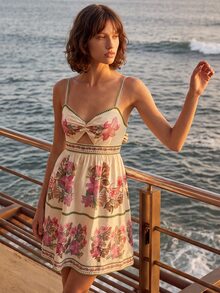 CAJUNI Tropical Vacation Floral Embroidery Mini Dress With Long Sleeves - Multicolor - View 3