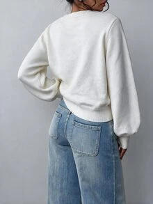 SHEIN BASICS 女款休閒簡約圓領長袖純色針織衫 - 白色 - 查看 2