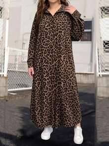 SHEIN LUNE 大尺碼休閒 1920 年代復古寬鬆豹紋領口落肩超長洋裝長裙女裝 正式度假 米色秋季 - 棕色 - 查看 3
