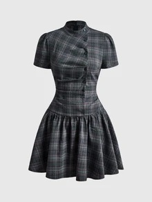 ROMWE Y2K Vestido con estampado a cuadros, botones delanteros y bajo con volantes - Gris - Ver 1