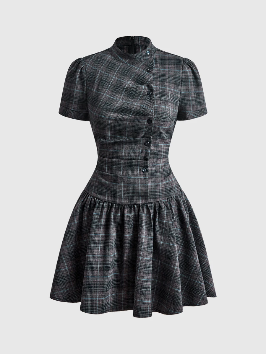 ROMWE Y2K Vestido con estampado a cuadros, botones delanteros y bajo con volantes - Gris - Ver 1