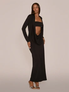 MUSERA Deep Scoop Cowl Front Bandeau Bra Maxi Length Dress Sexy Evening Night Going Out Halloween Fall Winter Autumn Solitude - Black - View 3