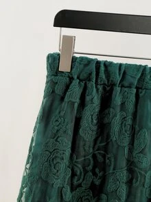Modelyn Mesh Embroidered Dark Green Top And Skirt Set, Elegant Fashionable Lady Style, High-End Long Sleeve Plus Size 2 Pieces Outfit - Dark Green - View 4