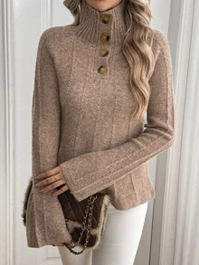 Sprig & Strand Women's Autumn/Winter Vintage Minimalist Half-Button Knit Sweater Top - Khaki - View 1