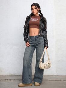 SHEIN ICON 女款寬鬆版牛仔褲 - 深色水洗藍 - 查看 6