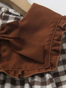 SHEIN Vintaside Kids 女童格紋洋裝復古格紋長袖荷葉邊娃娃領大蝴蝶結洋裝，適合秋季日常穿著與生日派對 - 棕色 - 查看 3