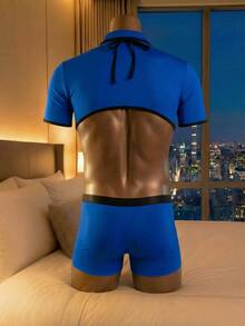 DrisQ DrisQ Bộ trang phục cosplay nam gồm áo ngắn tay dáng crop phối màu tương phản và quần short - Màu xanh lam - Xem 2