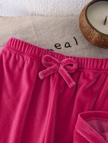 SHEIN 女童天鵝絨連帽長袖外套與長褲套裝，適合秋冬穿著，時尚百搭，舒適好穿 - 玫紅色 - 查看 4