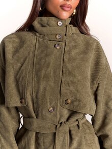SHEIN BAE Women's Stand Collar Belted Solid Color Jacket, Urban Renaissance Street Style, Casual Fashion Creative Personalized Streetwear - Green - View 7