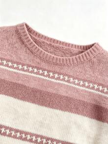 Collagica Collagica Women's Striped Asymmetrical Shoulder Drop Sleeve Casual Sweater - Pink - View 4