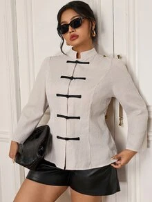 EastFlair Plus Size Women's Elegant Striped Long Sleeve Shirt With Frog Button Design - Apricot - View 8