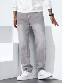 QuarKem Men's Washed Grey Semi-Elastic Waist Straight Leg Jeans - Grey - View 5