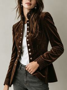 SHEIN Women's Elegant Velvet Fabric Lace Patchwork Commuter Party Casual Jacket - Brown - View 4