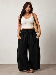Enliva Plus Size Cotton Blend Drawstring Loose Pants With Pockets Compatible With Apple Body Round Body - Black - View 4