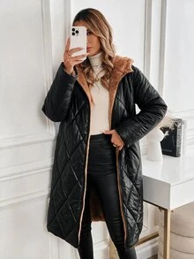 SHEIN Clasi Women Zip Up Hooded Teddy Lined Quilted Coat In Fall/Winter - Black - View 6