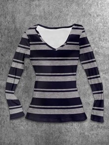 Attitoon Contrast Striped Print V Neck Tee - Multicolor - View 1