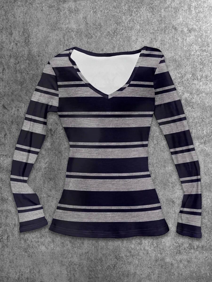 Attitoon Contrast Striped Print V Neck Tee - Multicolor - View 1
