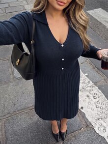 Vionelle Plus Size Women's Button French Elegant Long Sweater Dress Long Sleeve Autumn/Winter - Navy Blue - View 6