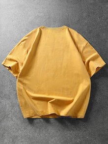 ROMWE MEN Street Life 男士標語印花圓領短袖休閒寬鬆版型T恤 - 黃色 - 查看 2