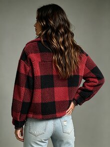 SHEIN Women's Plaid Pattern Long Sleeve Button Front Fashion Casual Jacket - Red - View 2