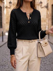 SHEIN Women's V-Neck Button Decor Long Sleeve Solid Color Hollow Out Sweater - Black - View 4