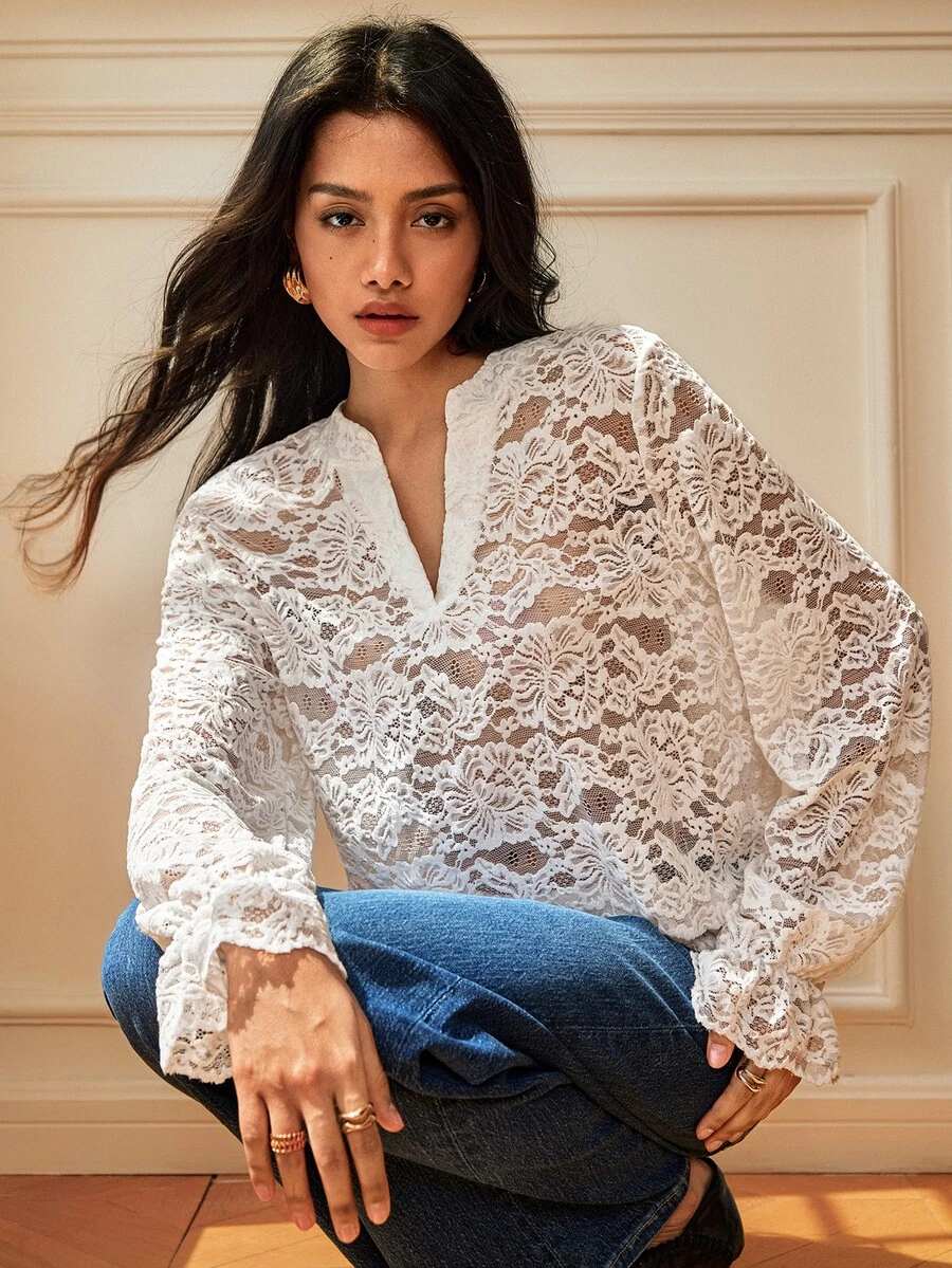 SHEIN Casual Daily Commute V-Neck Hollow Lace Ruffle Bell Sleeve Women's Blouse