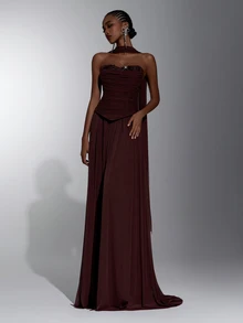 Elitara Elegant Luxurious Glamorous Coffee Brown Elastic Fabric Handmade Rhinestone Chain 2 In 1 A-Line Ruched Train Long Dress Suitable For Wedding Events, Bachelorette Party, Vacation, Ball, Evening Gala, Exhibition, Business, Birthday Party, Graduation Ceremony, Cocktail Party And Other Occasions Women's Formal Evening Gown - Coffee Brown - View 8
