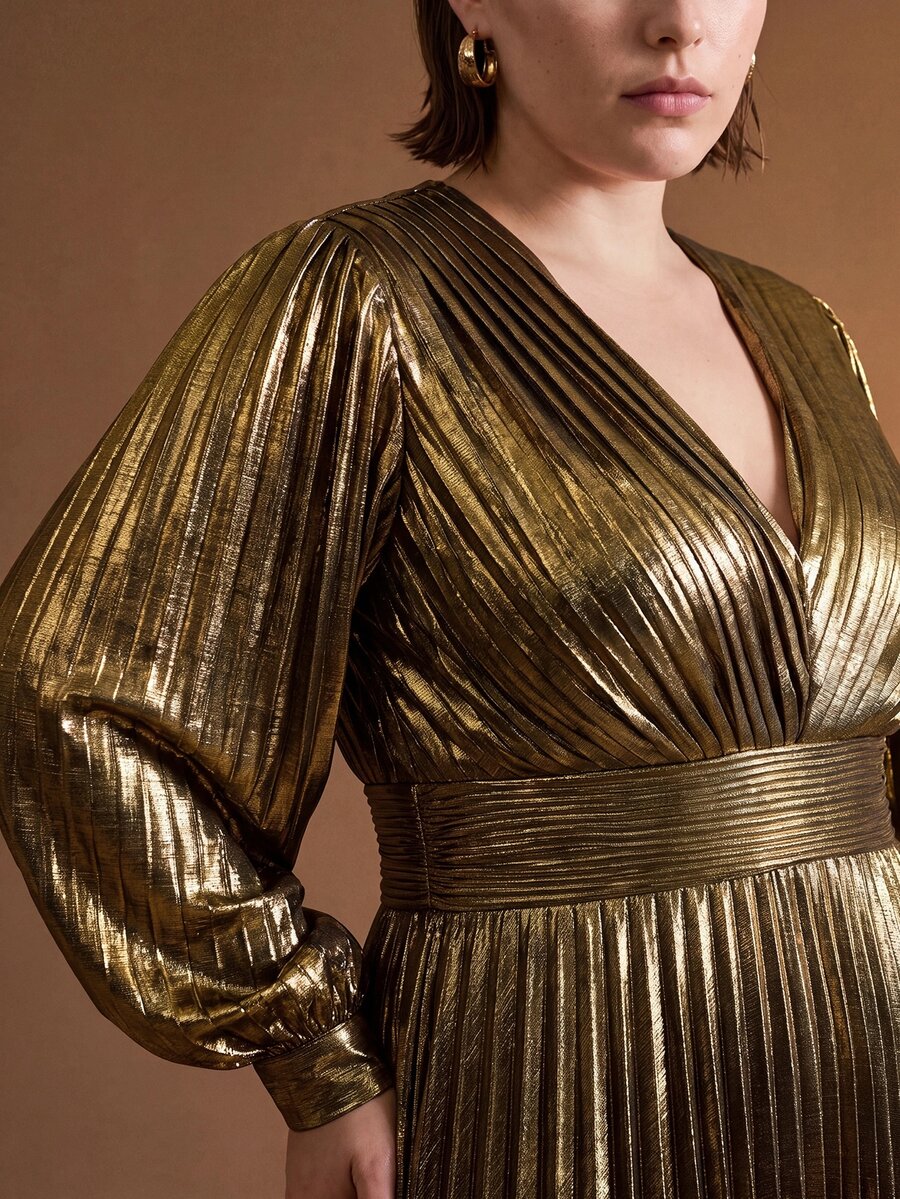 MOTF PREMIUM PLUS SIZE METALLIC SHEEN CINCHED WAIST FITTED PLEATED LONG A-LINE DRESS, AUTUMN/WINTER - Gold - View 2