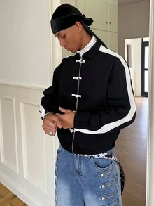 STEELVANCE Men's New Chinese Style Colorblock Patchwork Fashion Minimalist Denim Jacket - Black - View 5
