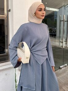 DAZY Women's Solid Color Round Neck Long Sleeve Side Knot Blouse And Skirt Casual 2 Pieces Set - Blue - View 3