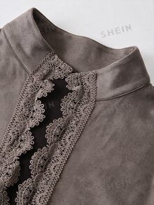 Solivie Women's Solid Color Contrast Lace Open Front Elegant Jacket - Mocha Brown - View 9