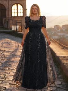 Glamrae Plus Size Elegant Romantic Square Neck Short Sleeve Sheer Rhinestone & Pearl Embellished Full A-Line Heavy Work Evening Dress For Wedding, Party, Celebration, Formal Occasion And Event - Black - View 5
